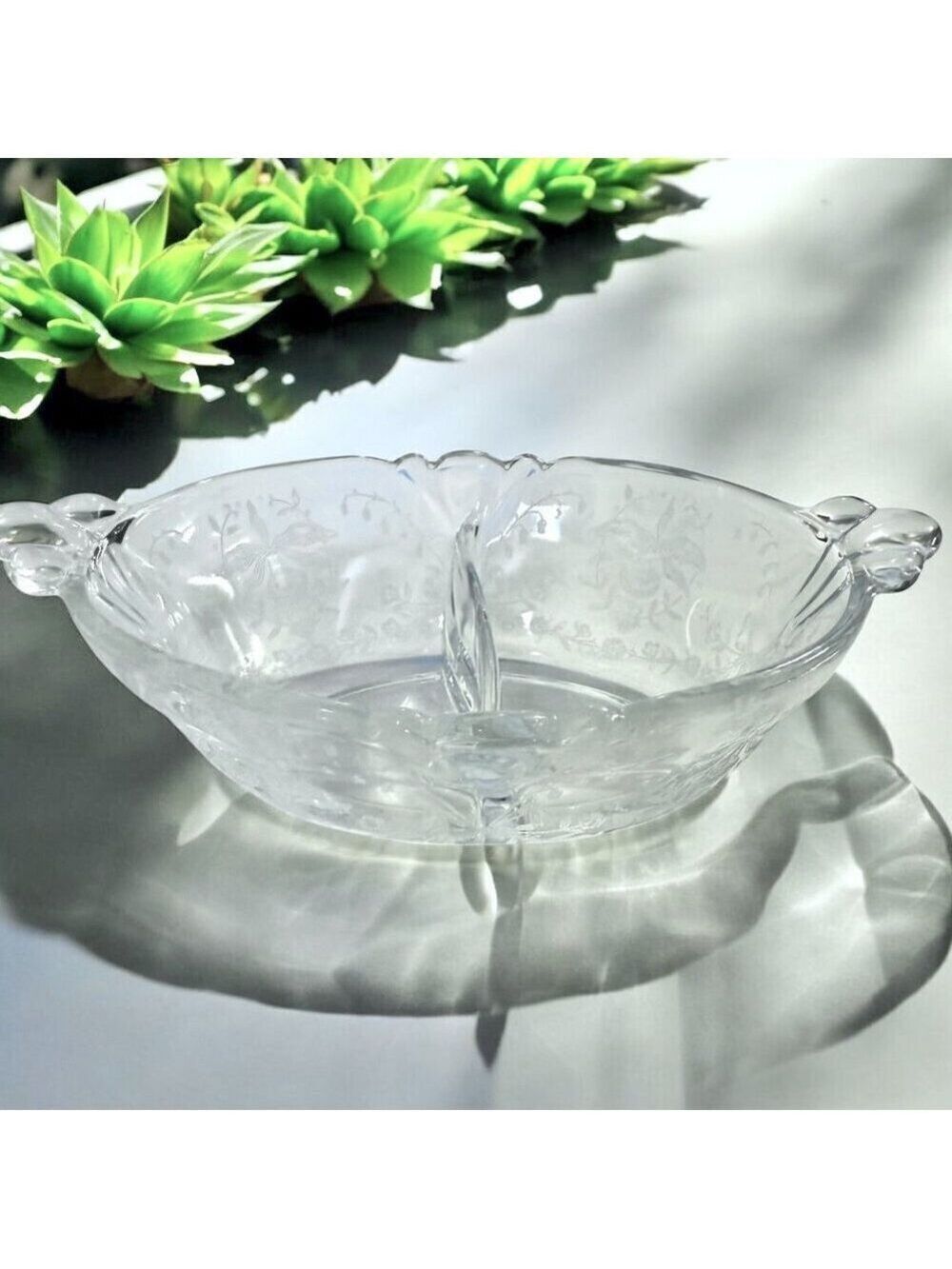 Heisey Orchid Etched Glass Divided Oval Bowl Vintage
